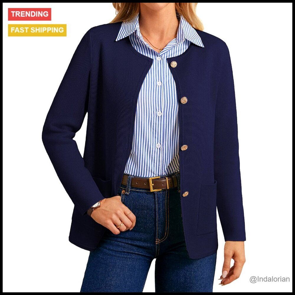 Sweater Blazer Cardigan Open Front Knit Jacket with Pockets Casual Chic